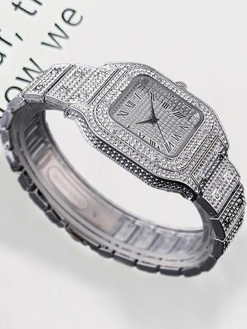 Men'S Casual Fashion Quartz Watch, Square Rhinestone Decorated Alloy Case Wristwatch, Classic Simple Fashion Street Style for All Seasons, Black Friday Deal Watch Suitable for Casual Business Wear, Square Dial Wristwatch, Birthday Christmas Gift