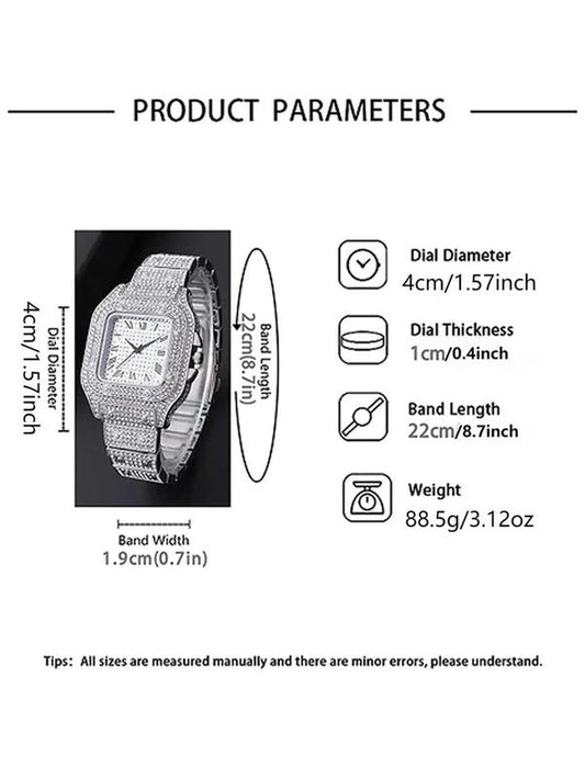 Men'S Casual Fashion Quartz Watch, Square Rhinestone Decorated Alloy Case Wristwatch, Classic Simple Fashion Street Style for All Seasons, Black Friday Deal Watch Suitable for Casual Business Wear, Square Dial Wristwatch, Birthday Christmas Gift