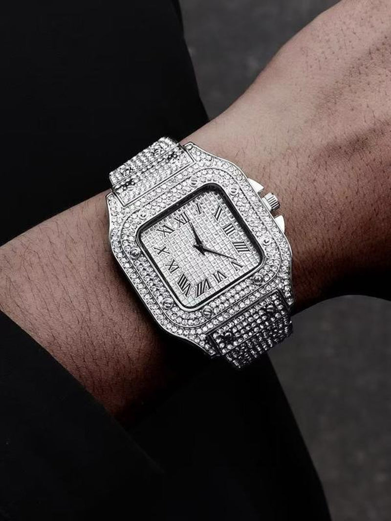 Men'S Casual Fashion Quartz Watch, Square Rhinestone Decorated Alloy Case Wristwatch, Classic Simple Fashion Street Style for All Seasons, Black Friday Deal Watch Suitable for Casual Business Wear, Square Dial Wristwatch, Birthday Christmas Gift