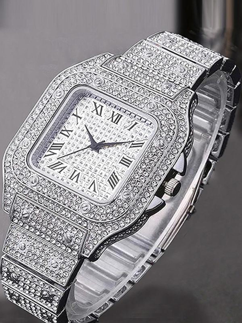 Men'S Casual Fashion Quartz Watch, Square Rhinestone Decorated Alloy Case Wristwatch, Classic Simple Fashion Street Style for All Seasons, Black Friday Deal Watch Suitable for Casual Business Wear, Square Dial Wristwatch, Birthday Christmas Gift